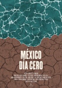 Dry cracked earth with water surface, Mexico Día Cero environmental awareness poster, climate change visual.