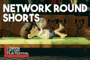 Cute animated character lying on a bed, holding popcorn, representing networking and film industry themes.