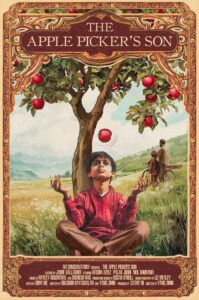 - Vintage book cover of "The Apple Picker's Son" by Arti Conservatory, featuring a boy sitting beneath an apple tree with apples falling.
