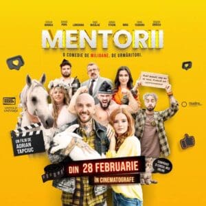 Vibrant promotional poster for the comedy film "Mentorii" with diverse cast and bright yellow background.