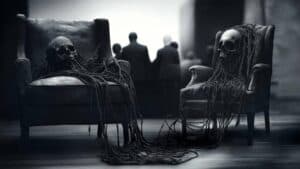 Eerie skulls on chairs representing creativity and innovation in business.