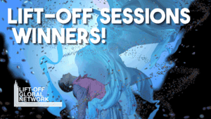 1. People celebrating Lift-Off Global Network contest winners in dynamic digital artwork.